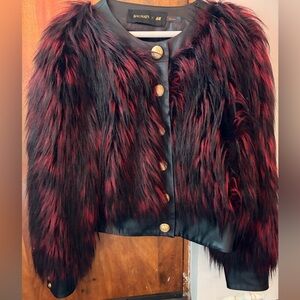 Balmain x H&M Faux Fur Jacket Faux Leather Black Dark Pink Rare - size US 12